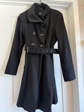 Guess Black Double-Breasted Wool Trench Coat